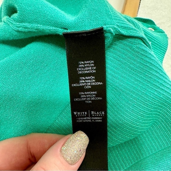 White House Black Market Green Snap Sweater Cardigan Ruffled Lace Trim Large - Picture 11 of 11